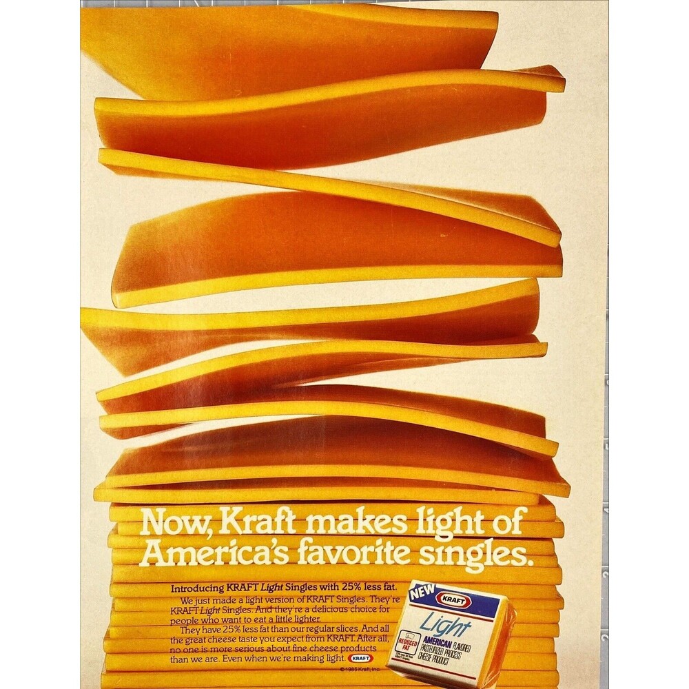 Kraft Light American Cheese "Now Kraft Makes Light of Singles" Vtg Print Ad 1985